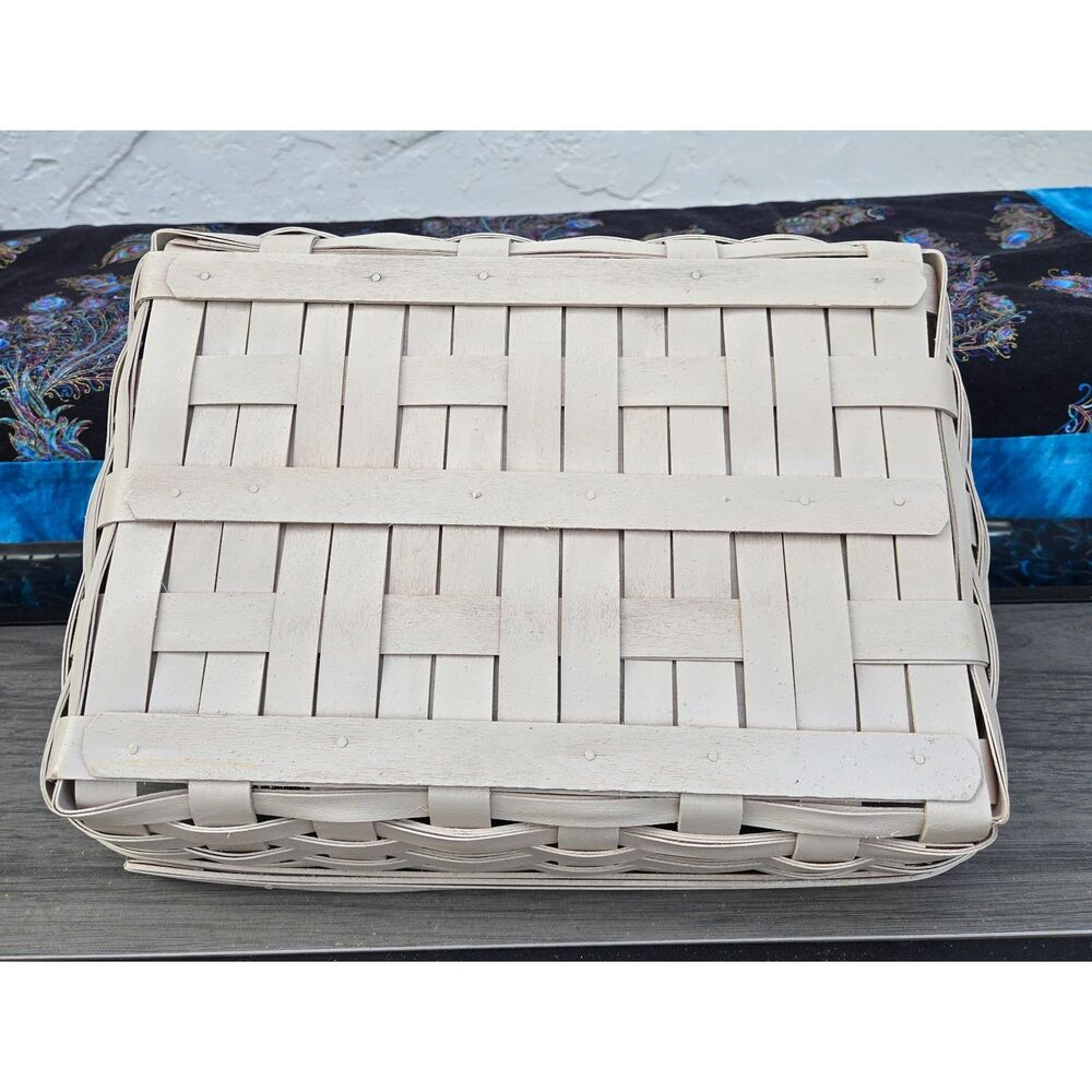 2002 Longaberger 13" Rectangle Fixed Center Handle Upcycled Antique White Basket - Picture 9 of 14